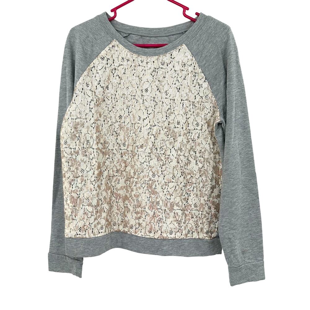 Loft Size Medium Sweater Gray Lacey Front Pullover Casual Cute Cottagecore Cozy
